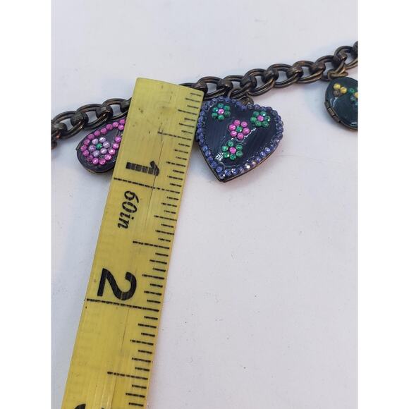 Puffy Heart Charm Bracelet Brass Tone Enamel Decor Teardrop 7 Locket Charms - Picture 13 of 14